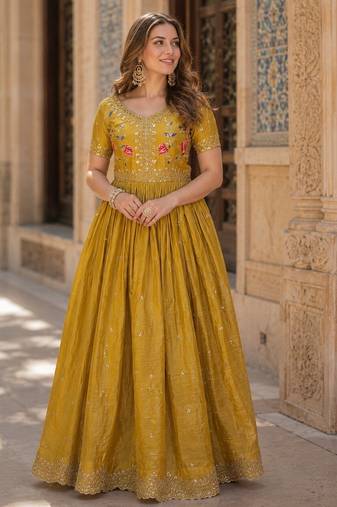 mustard silk blend readymade anarkali suit with embroidery & zari Sequin work