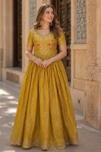 mustard silk blend readymade anarkali suit with embroidery & zari Sequin work