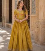 mustard silk blend readymade anarkali suit with embroidery & zari Sequin work