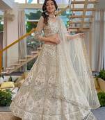 Ivory Butterfly Net Embroidered Semi Stitched Lehenga Choli with Dupatta