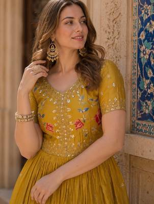mustard silk blend readymade anarkali suit with embroidery & zari Sequin work 2