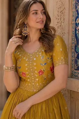 mustard silk blend readymade anarkali suit with embroidery & zari Sequin work