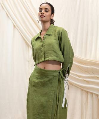 Olive green embroidered linen wrap skirt 4