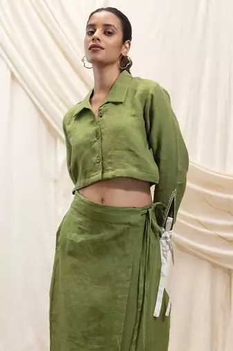 Olive green embroidered linen wrap skirt