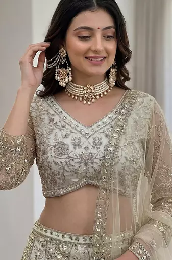 Ivory Butterfly Net Embroidered Semi Stitched Lehenga Choli with Dupatta