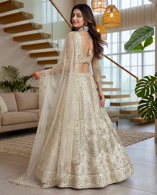 Ivory Butterfly Net Embroidered Semi Stitched Lehenga Choli with Dupatta 3