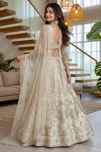 Ivory Butterfly Net Embroidered Semi Stitched Lehenga Choli with Dupatta