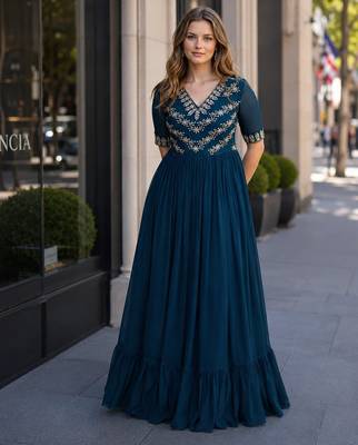 navy faux georgette readymade anarkali suit with embroidery & beads work 1