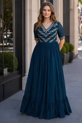 navy faux georgette readymade anarkali suit with embroidery & beads work