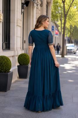 navy faux georgette readymade anarkali suit with embroidery & beads work 2