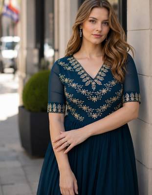 navy faux georgette readymade anarkali suit with embroidery & beads work 3