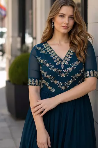 navy faux georgette readymade anarkali suit with embroidery & beads work
