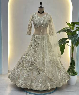 Ivory Butterfly Net Embroidered Semi Stitched Lehenga Choli with Dupatta 4