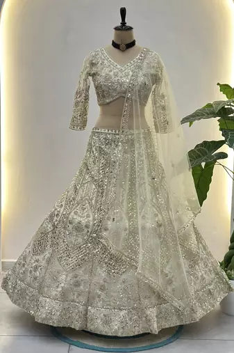 Ivory Butterfly Net Embroidered Semi Stitched Lehenga Choli with Dupatta