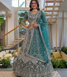 Teal Butterfly Net Embroidered Semi Stitched Lehenga Choli with Dupatta