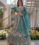 Teal Butterfly Net Embroidered Semi Stitched Lehenga Choli with Dupatta