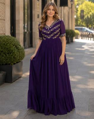 purple faux georgette readymade anarkali suit with embroidery & beads work 1