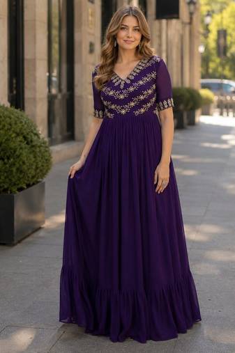 purple faux georgette readymade anarkali suit with embroidery & beads work