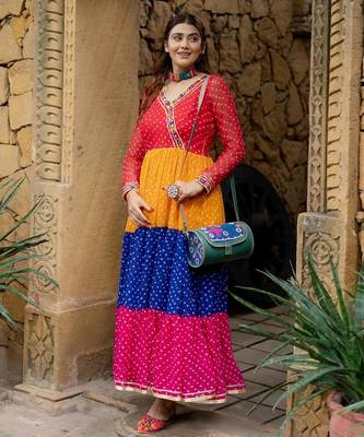Multicolor faux georgette mirror work ruffle gown with embroidered lace border 1