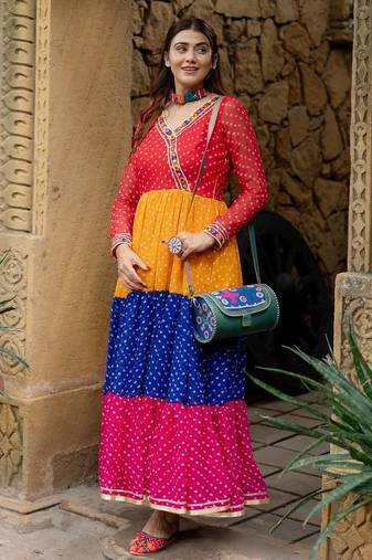 Multicolor faux georgette mirror work ruffle gown with embroidered lace border