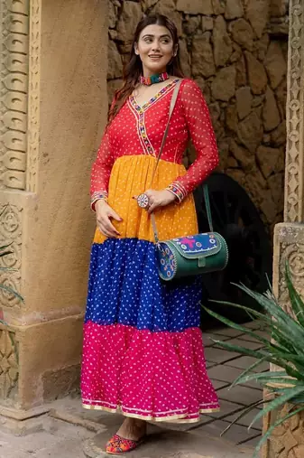 Multicolor faux georgette mirror work ruffle gown with embroidered lace border