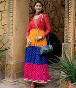 Multicolor faux georgette mirror work ruffle gown with embroidered lace border