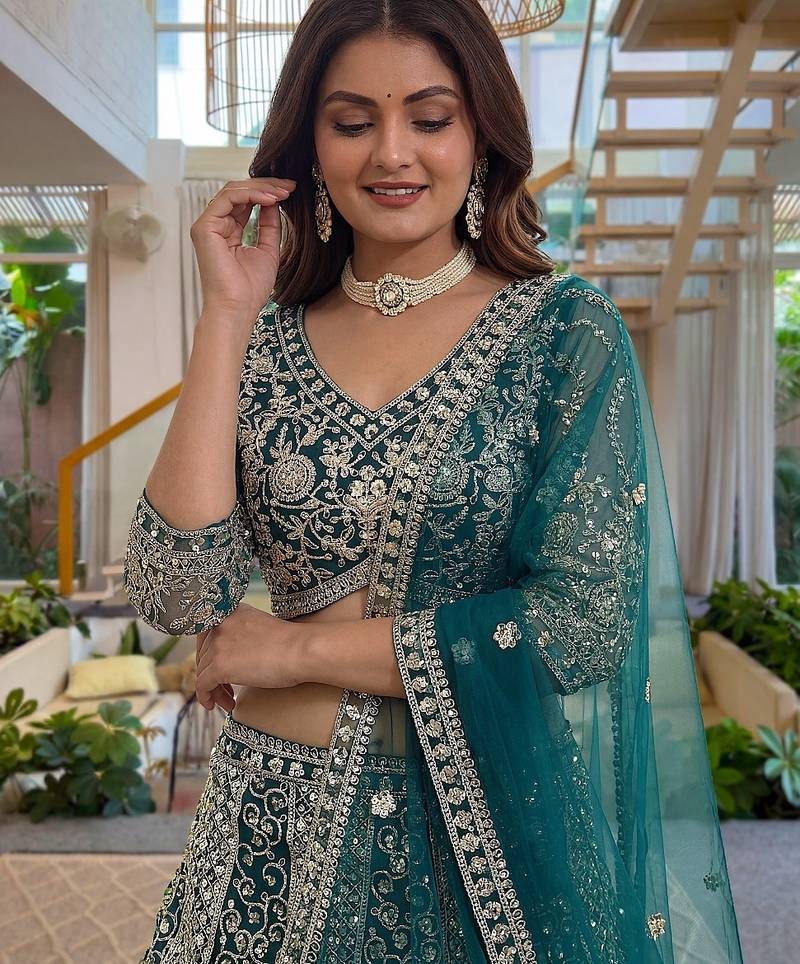 Teal Butterfly Net Embroidered Semi Stitched Lehenga Choli with Dupatta