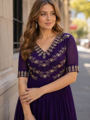 purple faux georgette readymade anarkali suit with embroidery & beads work 3