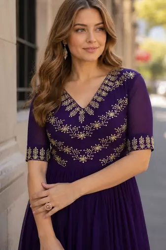 purple faux georgette readymade anarkali suit with embroidery & beads work