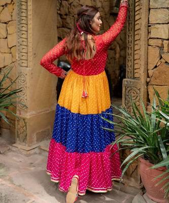 Multicolor faux georgette mirror work ruffle gown with embroidered lace border 2