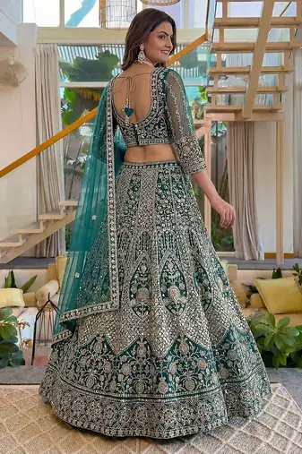 Teal Butterfly Net Embroidered Semi Stitched Lehenga Choli with Dupatta