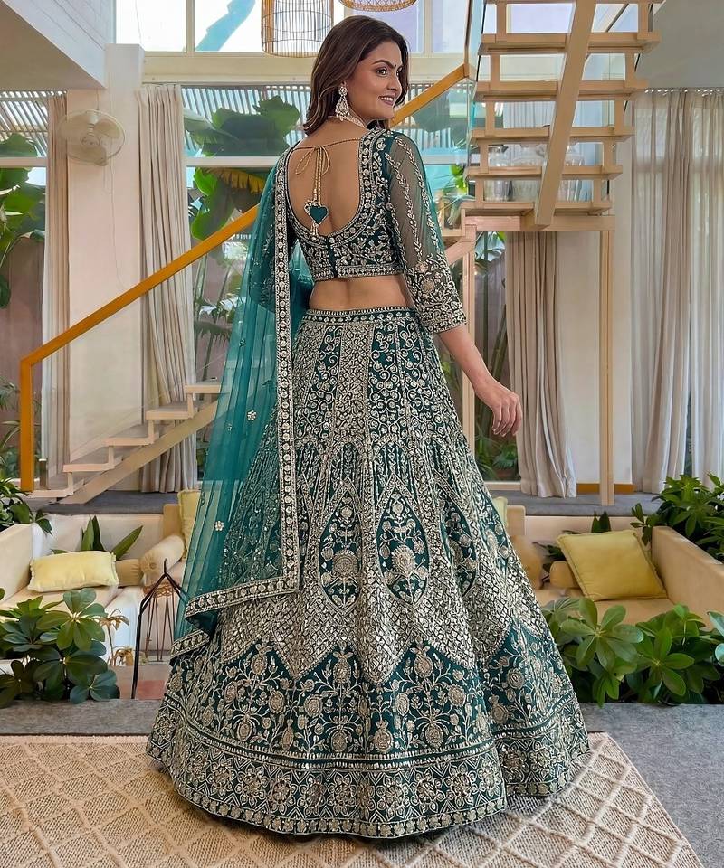 Teal Butterfly Net Embroidered Semi Stitched Lehenga Choli with Dupatta