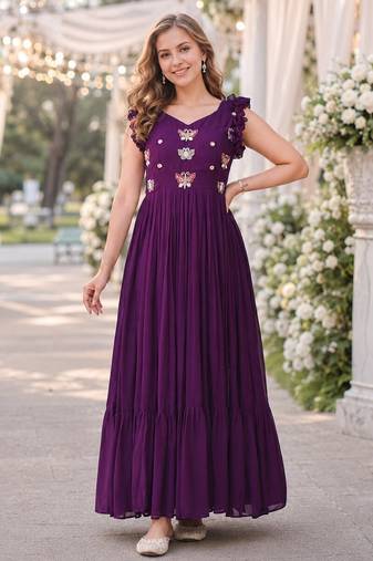 purple faux georgette readymade anarkali suit with embroidery & beads work