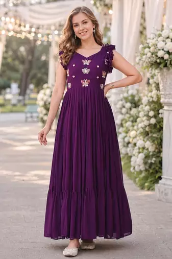 purple faux georgette readymade anarkali suit with embroidery & beads work