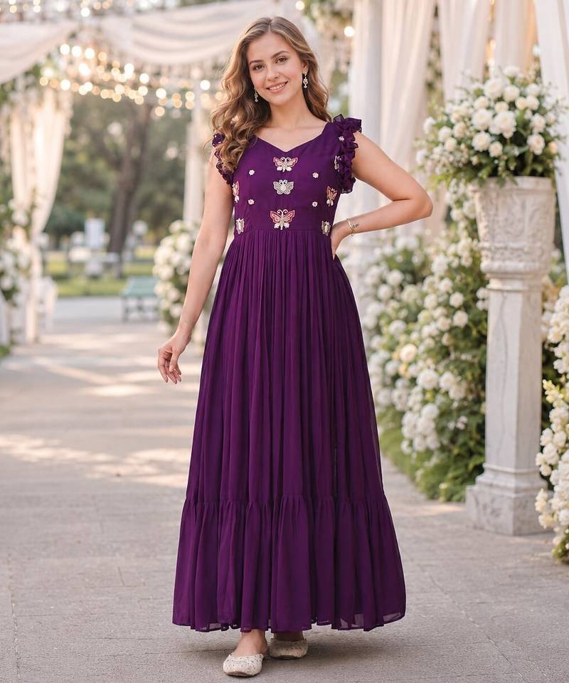 purple faux georgette readymade anarkali suit with embroidery & beads work