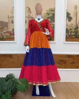 Multicolor faux georgette mirror work ruffle gown with embroidered lace border 3