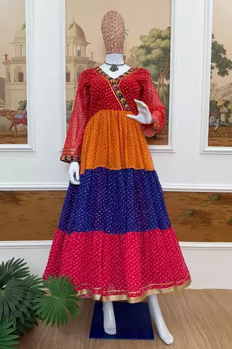 Multicolor faux georgette mirror work ruffle gown with embroidered lace border