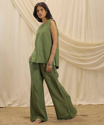 Olive green linen wide leg trouser 1