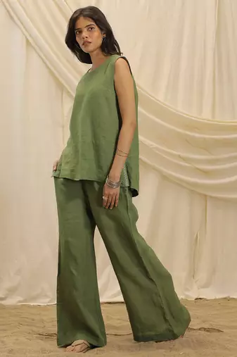 Olive green linen wide leg trouser