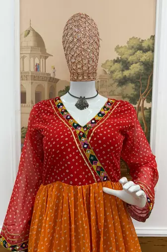 Multicolor faux georgette mirror work ruffle gown with embroidered lace border
