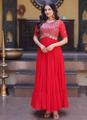 Red color faux blooming embroidered anarkali gown 1