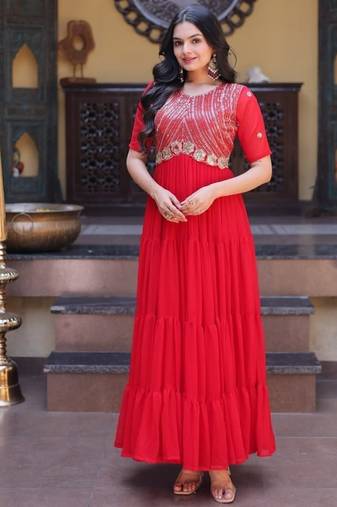 Red color faux blooming embroidered anarkali gown
