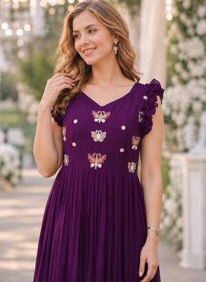 purple faux georgette readymade anarkali suit with embroidery & beads work 3