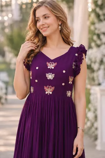 purple faux georgette readymade anarkali suit with embroidery & beads work