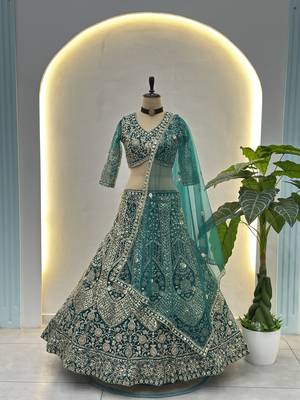 Teal Butterfly Net Embroidered Semi Stitched Lehenga Choli with Dupatta 4