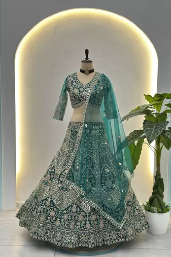 Teal Butterfly Net Embroidered Semi Stitched Lehenga Choli with Dupatta