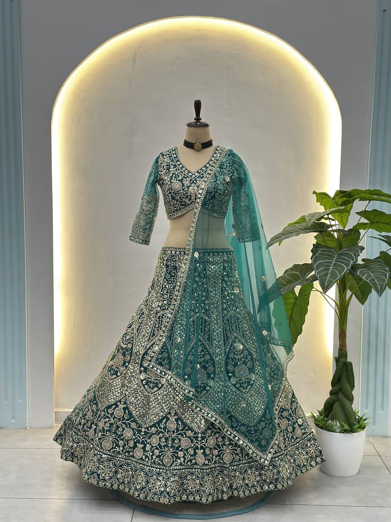 Teal Butterfly Net Embroidered Semi Stitched Lehenga Choli with Dupatta