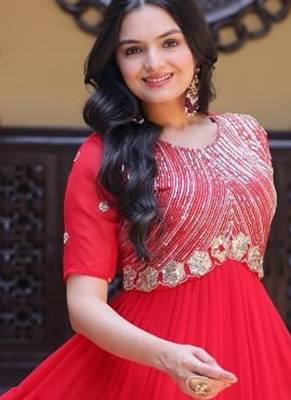 Red color faux blooming embroidered anarkali gown 2