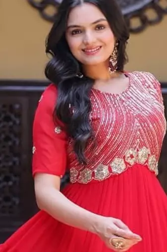 Red color faux blooming embroidered anarkali gown