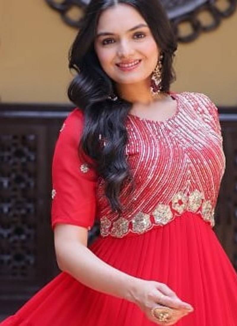 Red color faux blooming embroidered anarkali gown